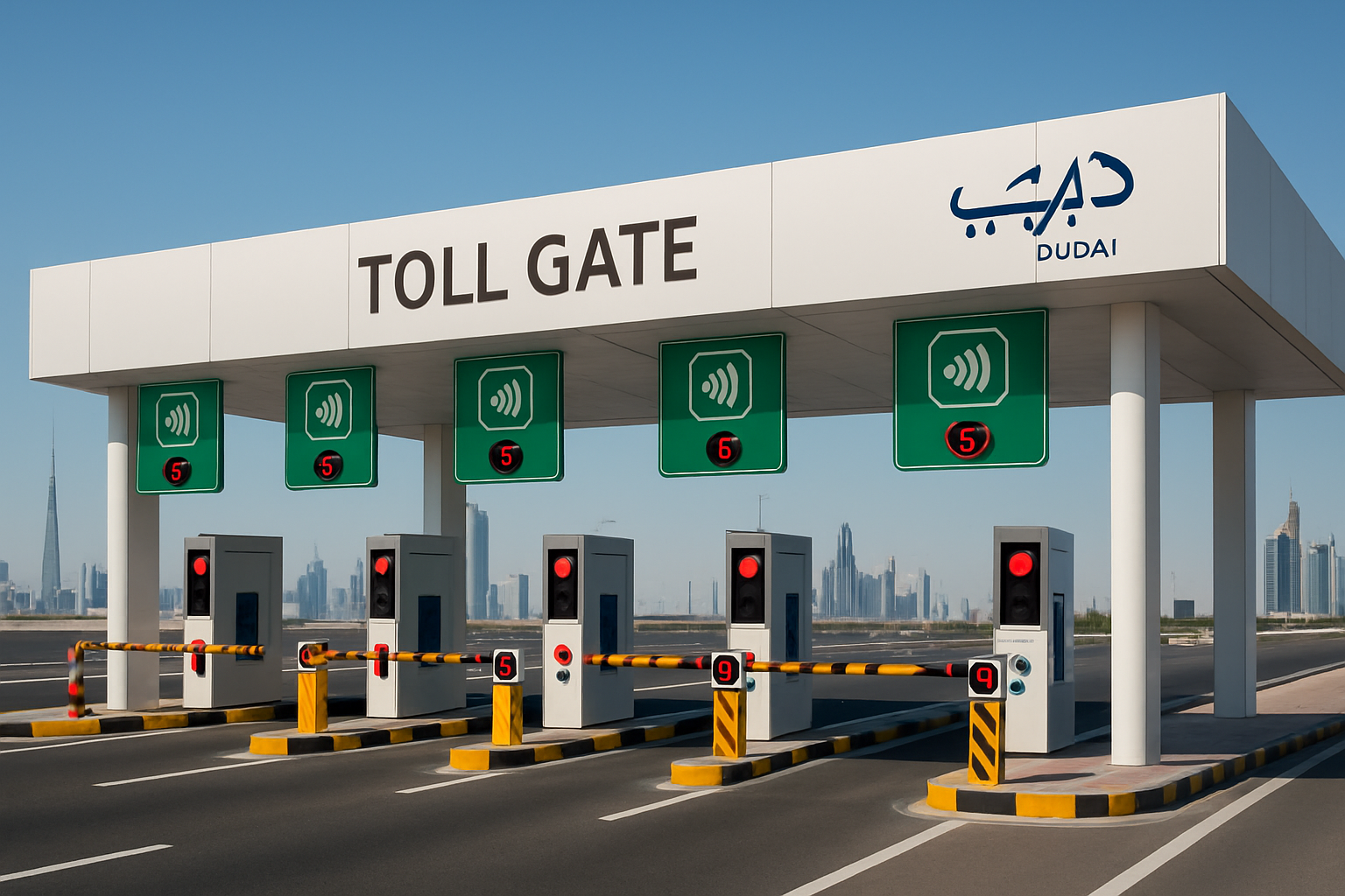 Modern toll gate in Dubai with electronic payment systems
